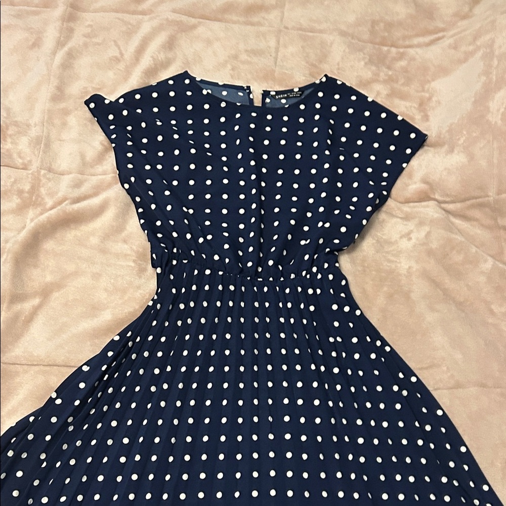 SHEIN Navy and White Polka Dot Midi Dress